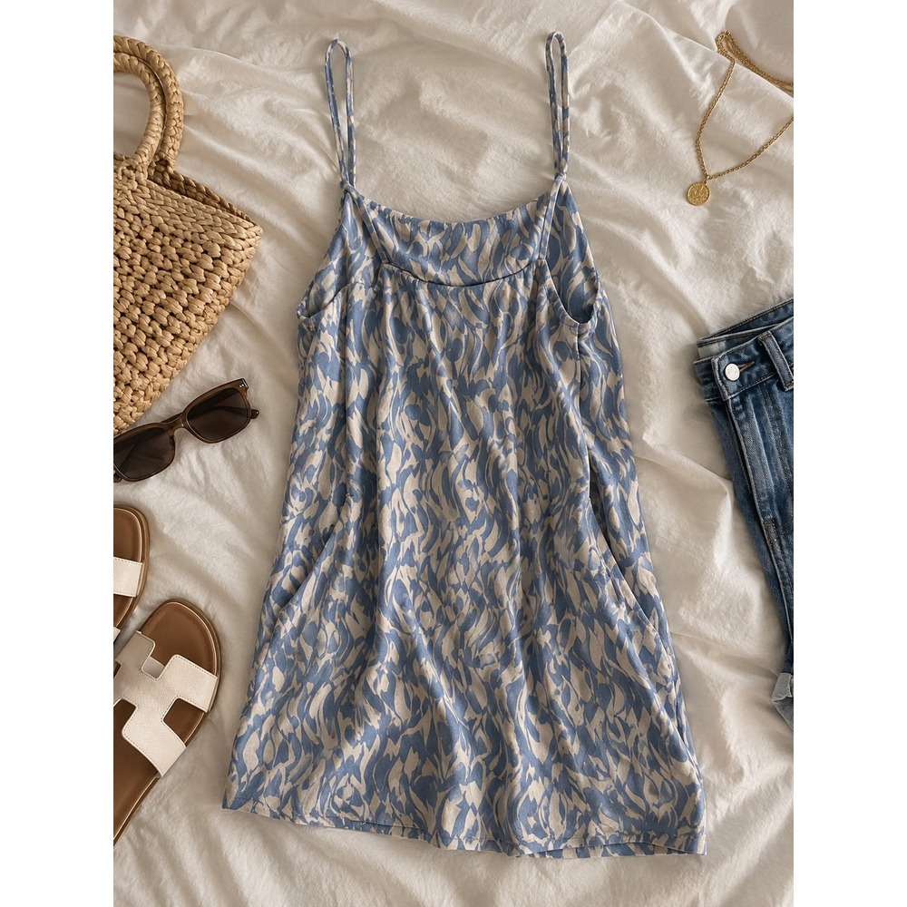 Monteau Los Angeles Blue White Abstract Print Linen Blend Mini Dress Medium